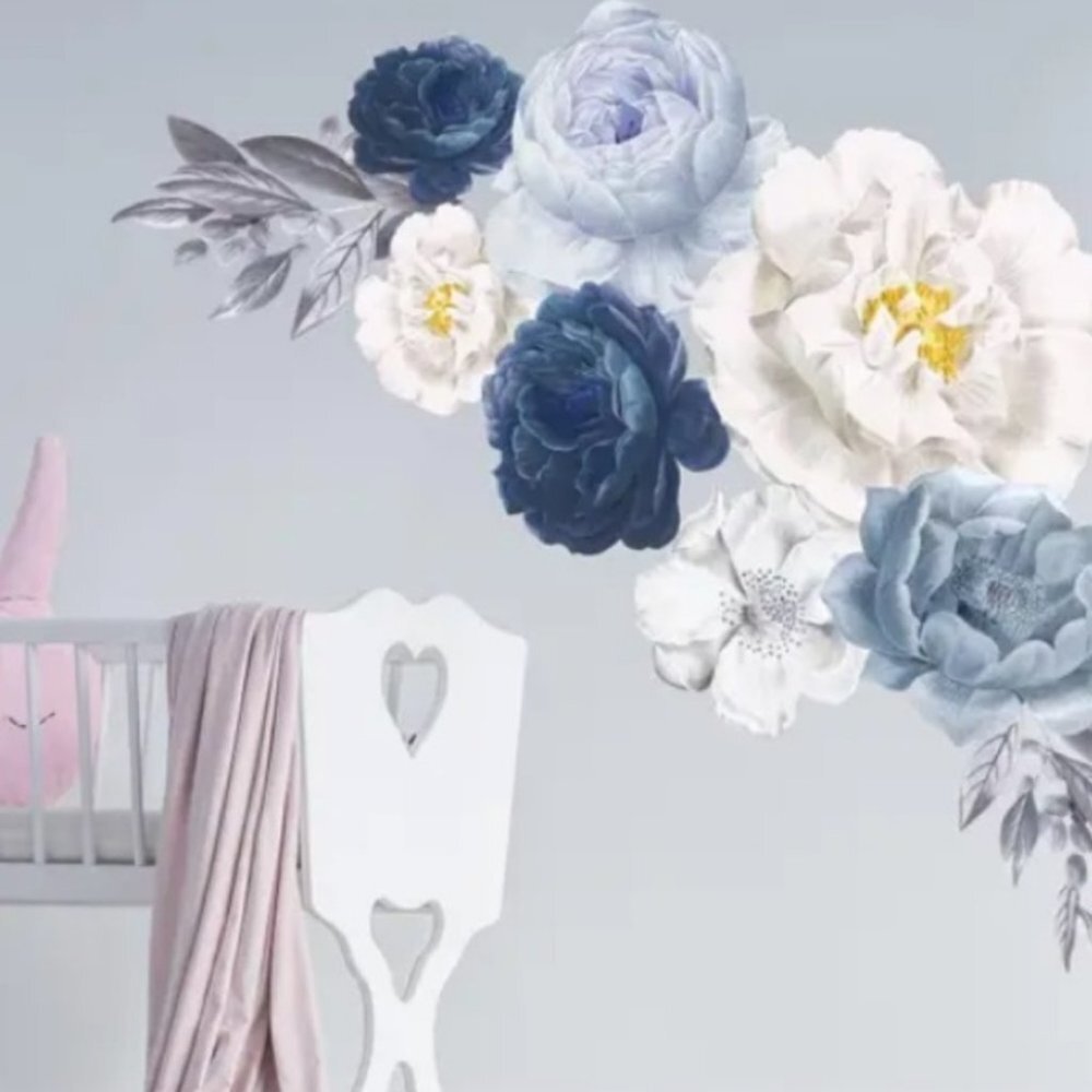 NEW Floral Wall Stickers Elegant Oversized Peonies Decor Flowers‎ Blue Baby Room